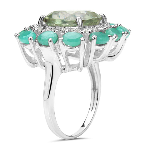 7.29 Carat Genuine Green Amethyst, Emerald & White Topaz .925 Sterling Silver Ring