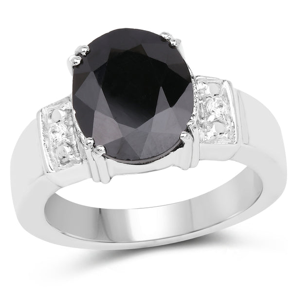 5.29 Carat Genuine Black Sapphire and White Topaz .925 Sterling Silver Ring