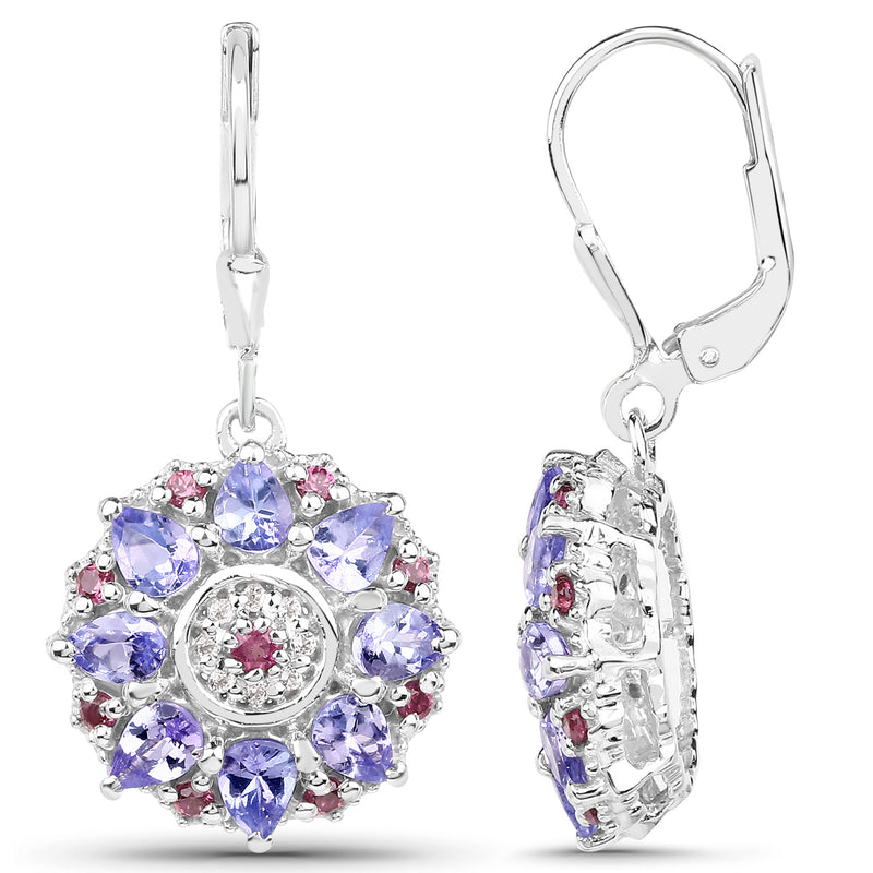 2.90 Carat Genuine Tanzanite, Rhodolite & White Topaz .925 Sterling Silver Earrings