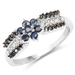 0.51 Carat Genuine Blue Sapphire, Black Diamond & White Diamond .925 Sterling Silver Ring