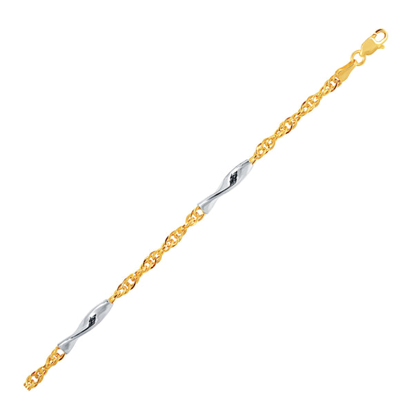 14k Two-Tone Gold Rope Bracelet with Polished Spiral Bar Stations