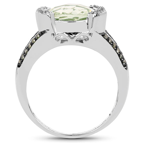 3.59 Carat Genuine Green Amethyst, Green Diamond & White Diamond .925 Sterling Silver Ring