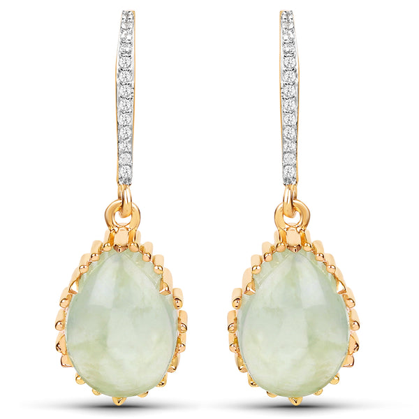 18K Yellow Gold Plated 9.81 Carat Genuine Prehnite and White Topaz .925 Sterling Silver Earrings