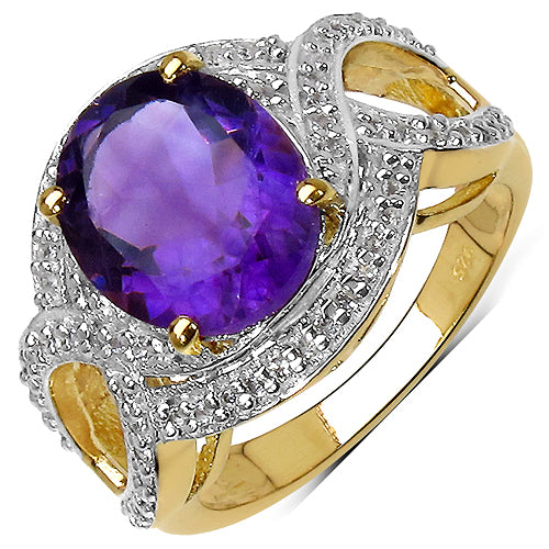 14K Yellow Gold Plated 3.51 Carat Genuine Amethyst & White Topaz .925 Sterling Silver Ring