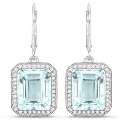 10.81 Carat Genuine Aquamarine and White Diamond 14K White Gold Earrings