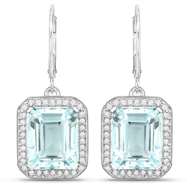 10.81 Carat Genuine Aquamarine and White Diamond 14K White Gold Earrings