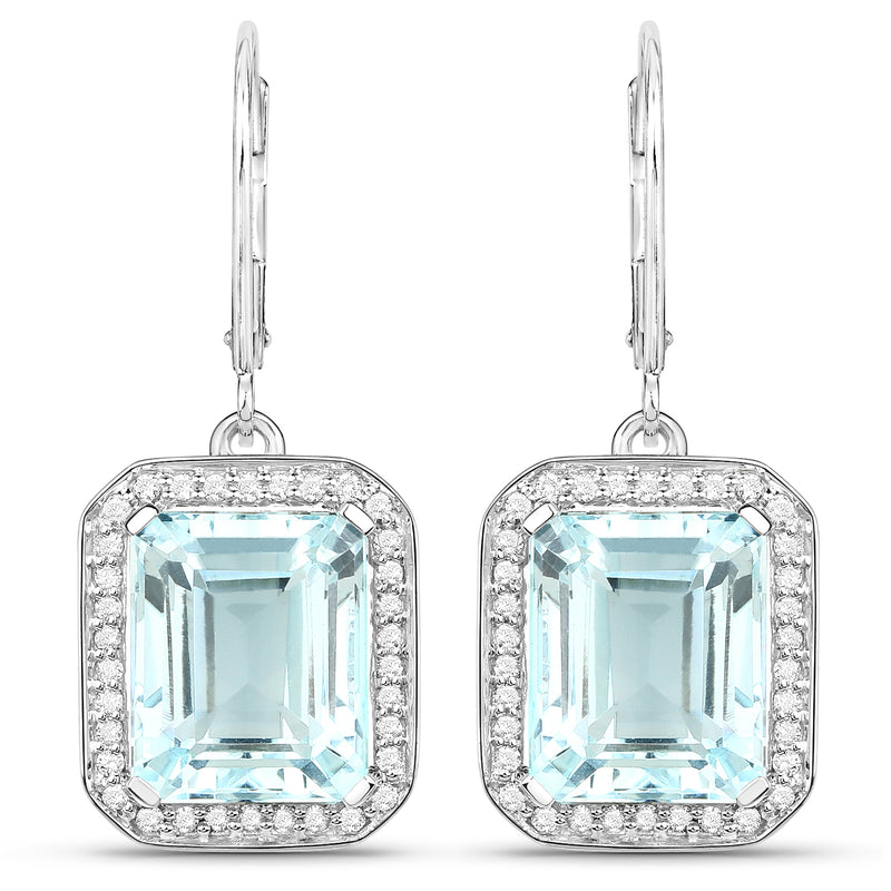 10.81 Carat Genuine Aquamarine and White Diamond 14K White Gold Earrings