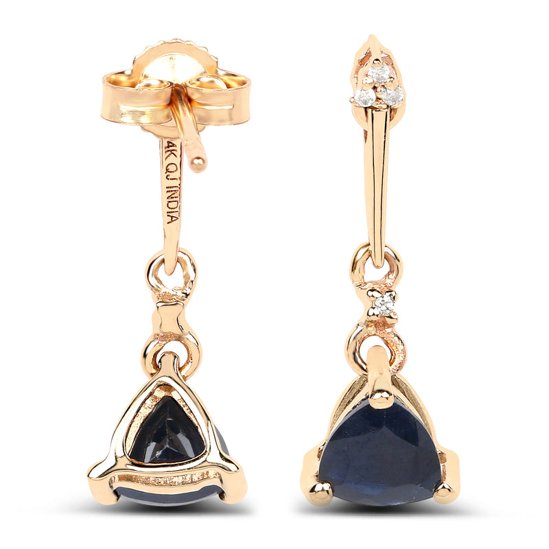 0.92 Carat Genuine Blue Sapphire and White Diamond 14K Yellow Gold Earrings