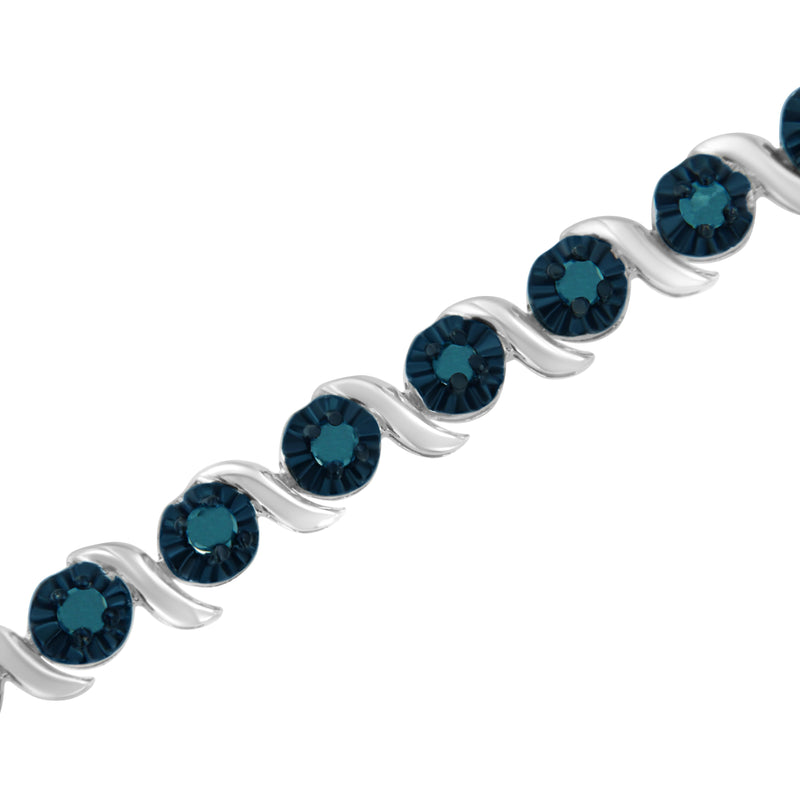 .925 Sterling Silver 1.0 Cttw Diamond Spiral Wave Curved-Link 7" Tennis Bracelet (Enhanced Blue Color, I1-I2 Clarity)