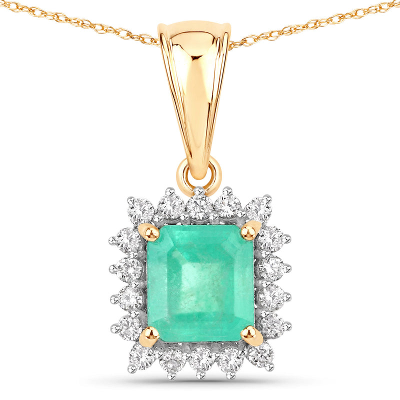 1.49 Carat Genuine Colombian Emerald and White Diamond 14K Yellow Gold Pendant