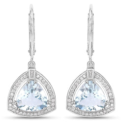 6.14 Carat Genuine Aquamarine and White Diamond 14K White Gold Earrings