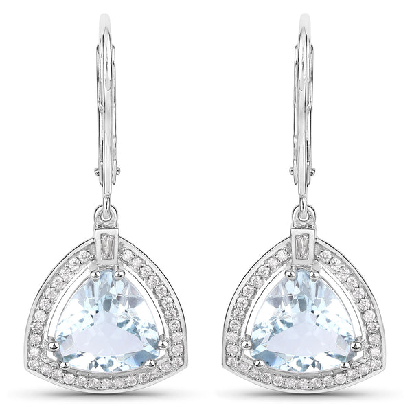 6.14 Carat Genuine Aquamarine and White Diamond 14K White Gold Earrings