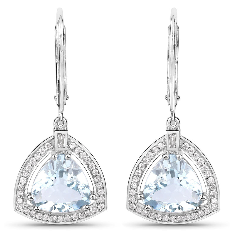 6.14 Carat Genuine Aquamarine and White Diamond 14K White Gold Earrings