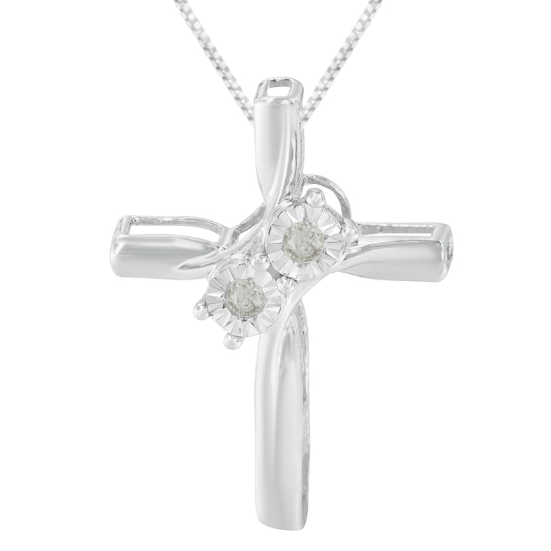 .925 Sterling Silver 1/10 Cttw Diamond Miracle-Set 2 Stone 'Together Forever' Curved Cross 18” Pendant Necklace (I-J Color, I2-I3 Clarity)