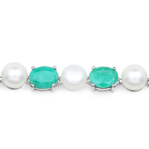 33.00 Carat Genuine Emerald and Pearl .925 Sterling Silver Bracelet