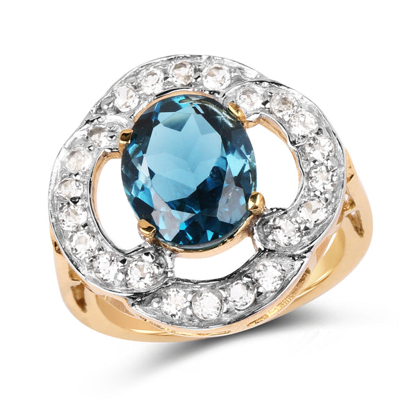 14K Yellow Gold Plated 5.13 Carat Genuine London Blue Topaz & White Topaz .925 Sterling Silver Ring
