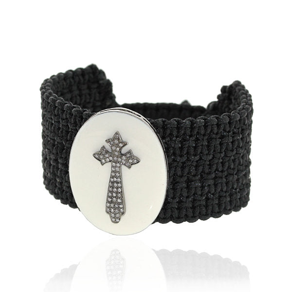 0.52ct Pave Diamond Cross Macrame Bracelet .925 Sterling Silver Enamel Jewelry