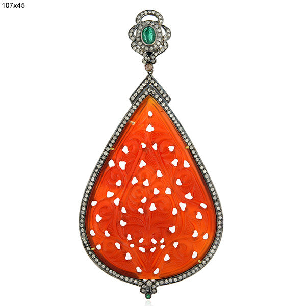 18k Gold Carved Agate Emerald Diamond Pendant 925 Sterling Silver Jewelry