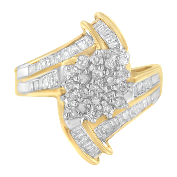 10K Yellow Gold Round and Baguette-Cut Diamond Bypass Cluster Ring (1.0 Cttw, I-J Color, I1-I2 Clarity) - Size 8