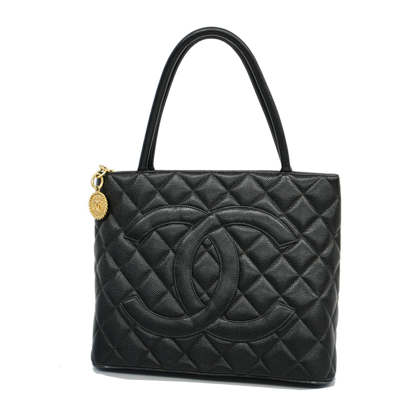 Auth Chanel Reprint Tote Womens Caviar Leather HandbagTote Bag Black