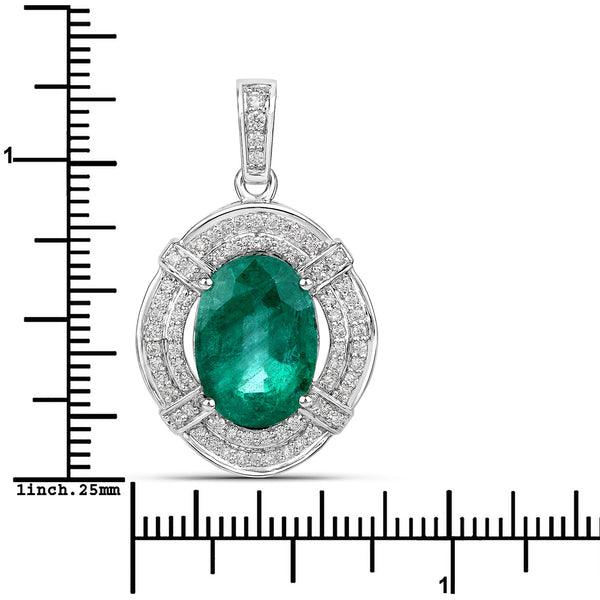 7.61 Carat Genuine Zambian Emerald and White Diamond 18K White Gold Pendant