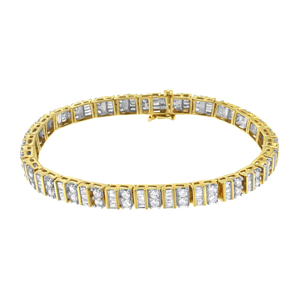 14KT Yellow Gold 4.0 Cttw Baguette & Round Brilliant-Cut Diamond Channel & Prong-Set Tennis Bracelet (H-I Color, SI2-I1 Clarity) - 7"