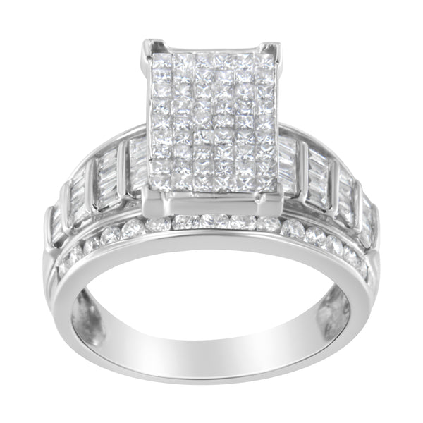 14K White Gold 2.0 Cttw Mixed-Cut Diamond Rectangle Invisible-Set Composite Cluster Ring with Bar- and Channel-Set Band (H-I Color, SI2-I1 Clarity) - Size 5