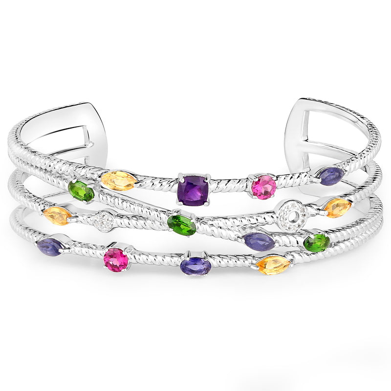 3.66 Carat Genuine Multi Stones .925 Sterling Silver Cuff Bangle