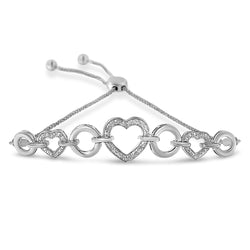 .925 Sterling Silver 1/10 Cttw Round-Cut Diamond Heart-Link Adjustable Bolo Bracelet ( H-I Color, I2-I3 Clarity) - 6"-9" Adjustable