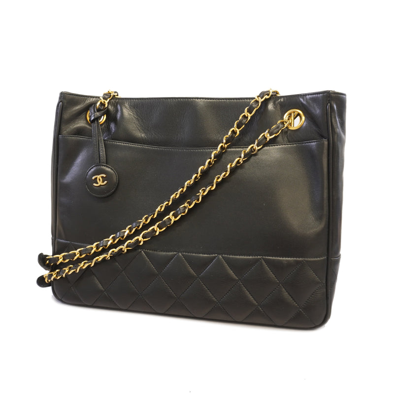Auth Chanel Shoulder Bag Chain Shoulder Lambskin Black Gold Metal