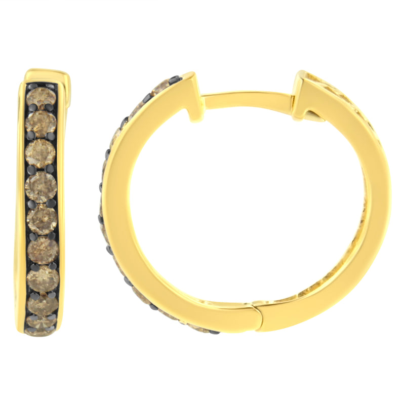 10K Yellow Gold and Black Rhodium Plated 1.0 Cttw Round-Cut Diamond Hoop Earrings (Champagne Color, I1-I2 Clarity)