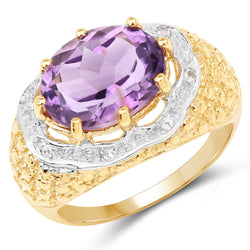 14K Yellow Gold Plated 3.92 Carat Genuine Amethyst and White Topaz .925 Sterling Silver Ring