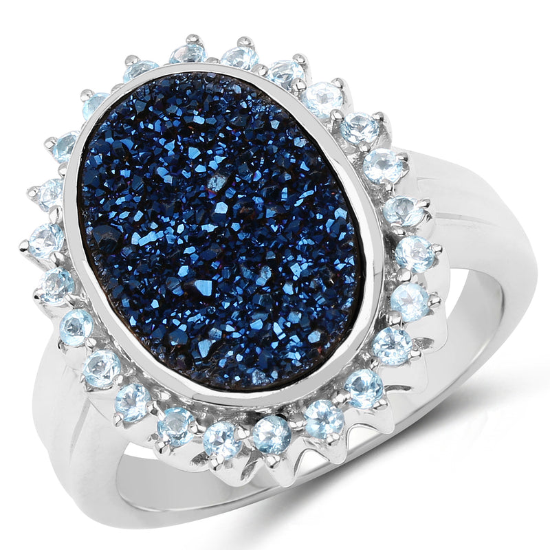 3.68 Carat Genuine Cobalt Blue Drusy & Swiss Blue Topaz .925 Sterling Silver Ring