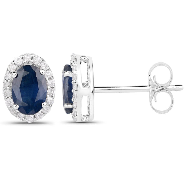 1.15 Carat Genuine Blue Sapphire and White Diamond 18K White Gold Earrings