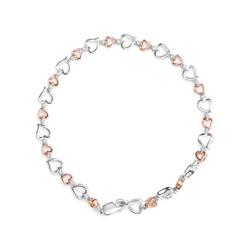 14K Rose Gold Plated .925 Sterling Silver 1/4 Cttw Diamond Heart Link Bracelet (I-J Color, I2-I3 Clarity) - Size 7" Inches