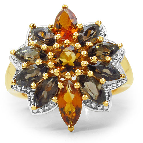 14K Yellow Gold Plated 3.46 Carat Genuine Citrine & Smoky Quartz .925 Sterling Silver Ring