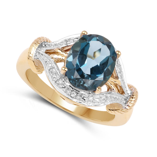 14K Yellow Gold Plated 3.61 Carat Genuine London Blue Topaz & White Topaz .925 Sterling Silver Ring