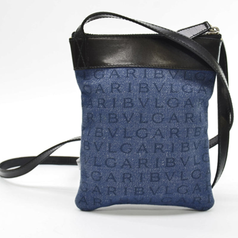 BVLGARI Bag Mania Blue Black Silver Denim Canvas Leather Shoulder Pochette Ladies