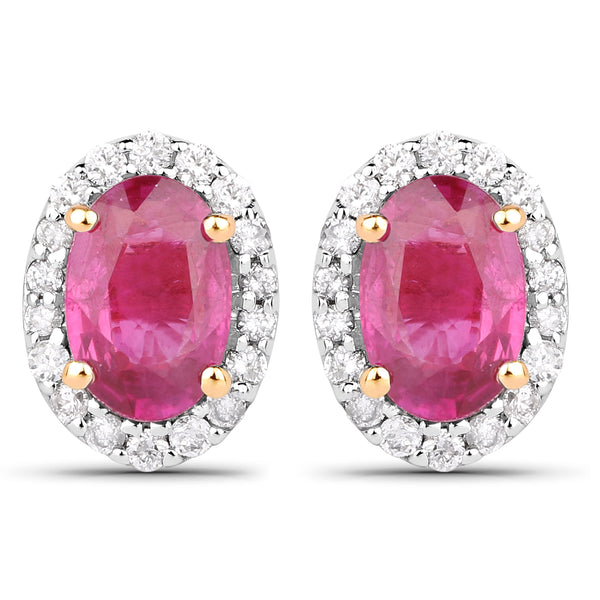 1.29 Carat Genuine Ruby and White Diamond 14K Yellow Gold Earrings