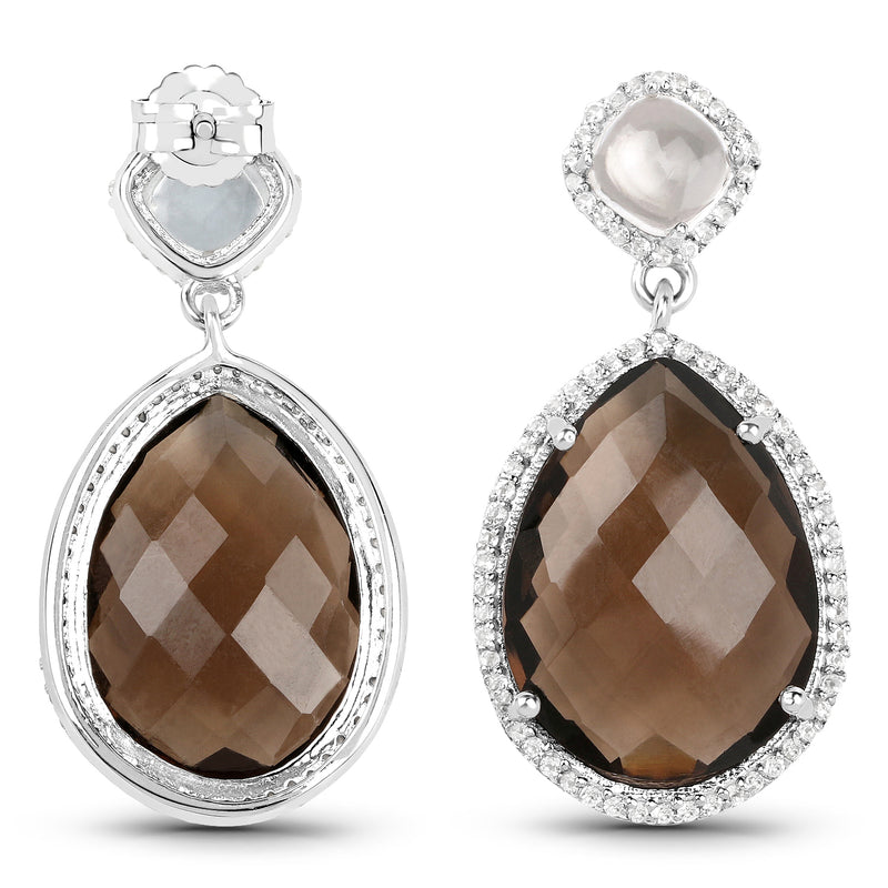 19.30 Carat Genuine Smoky Quartz, Crystal Quartz And White Topaz .925 Sterling Silver Earrings