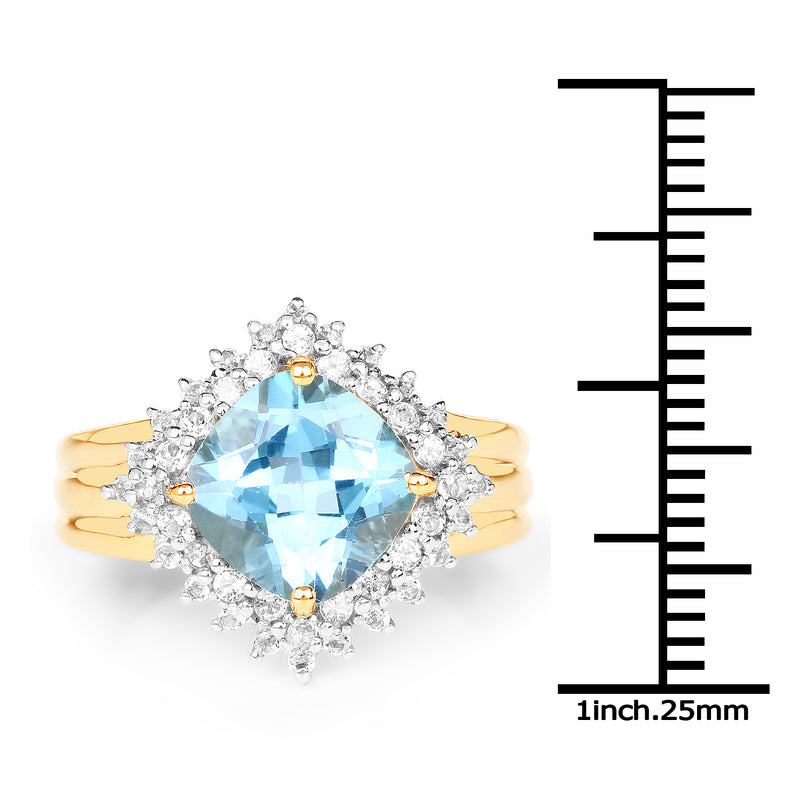 14K Yellow Gold Plated 4.33 Carat Genuine Swiss Blue Topaz and White Topaz .925 Sterling Silver Ring