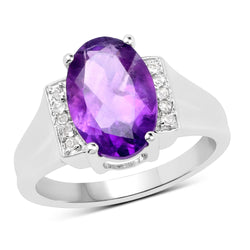 3.12 Carat Genuine  Amethyst and White Topaz .925 Sterling Silver Ring