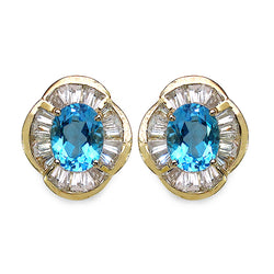 14K Yellow Gold Plated 7.40 Carat Genuine Swiss Blue Topaz & White Topaz .925 Sterling Silver Earrings