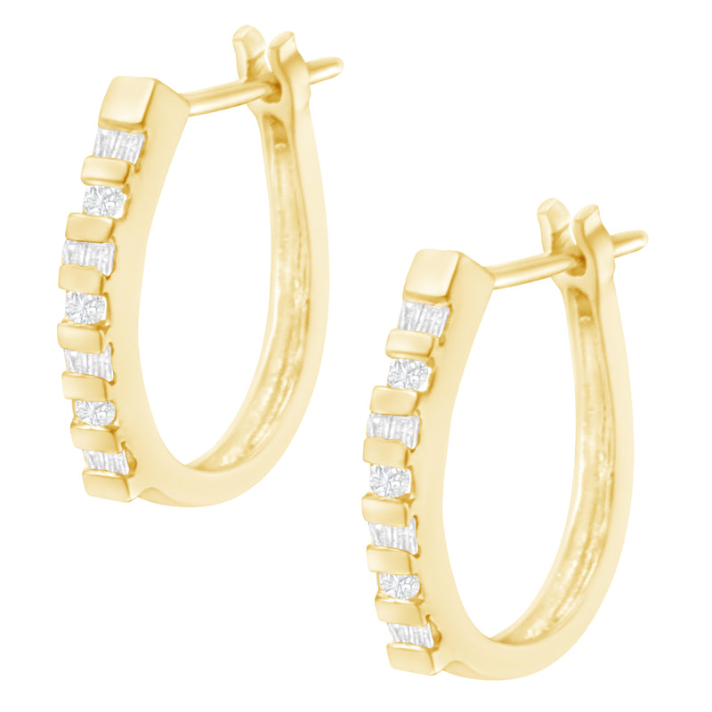 10K Yellow Gold Round and Baguette Cut Diamond Oblong Hinged Leverback Hoop Earrings (¼ Cttw, I-J Color, I2-I3 Clarity)