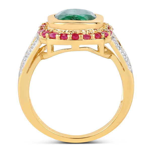 14K Yellow Gold Plated 4.80 ct. t.w. Dyed Emerald and Ruby Ring in Sterling Silver