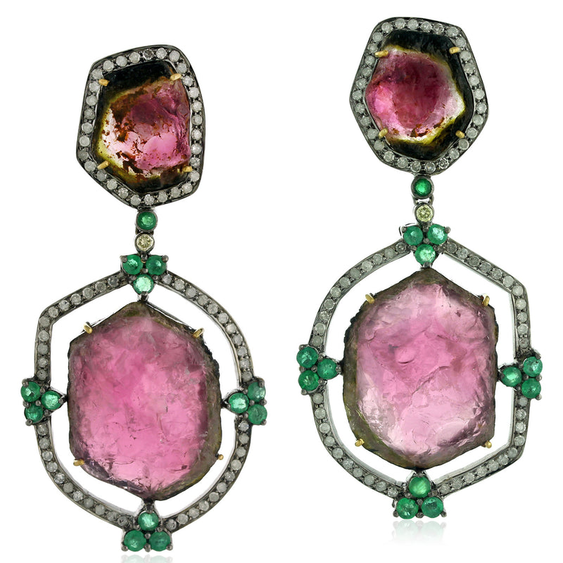 Multi Tourmaline Emerald Gemstone Dangle Earrings 925 Silver Diamond Jewelry