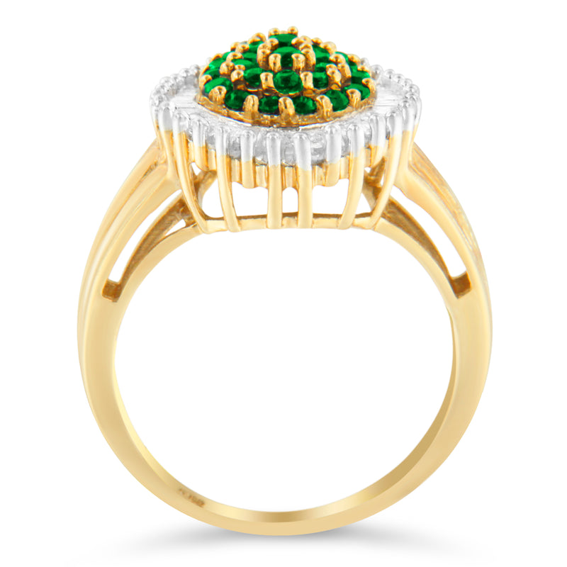 10K Yellow Gold 1ct TDW Round Treated Emerald Gemstone and Baguette Diamond Ballerina Cluster Ring (H-I SI1-SI2)