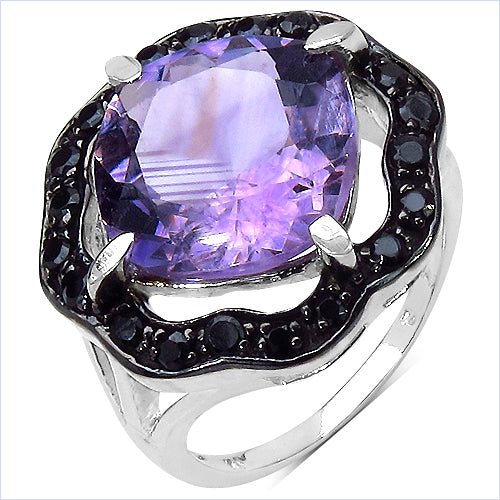 6.09 Carat Genuine Amethyst & Black Spinel .925 Sterling Silver Ring