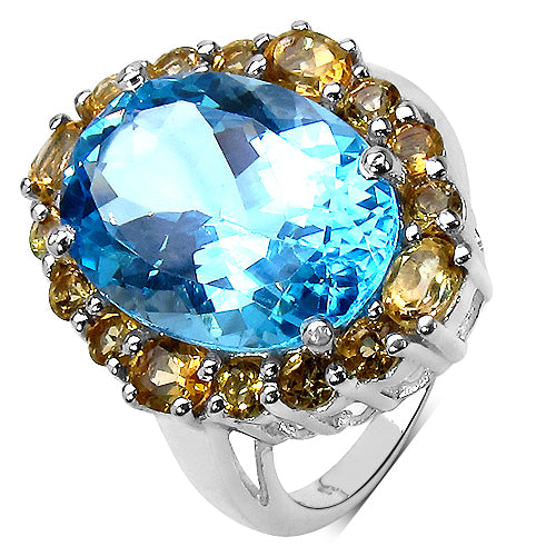 12.73 Carat Genuine Blue Topaz & Citrine .925 Sterling Silver Ring