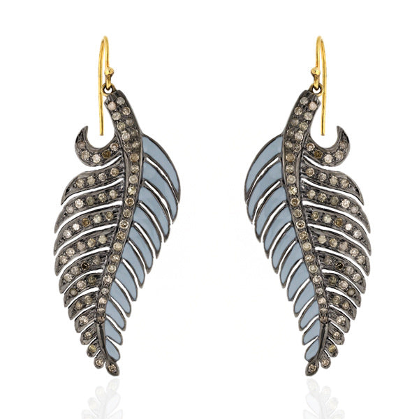 2.51 ct Pave Diamond 18kt Gold 925 Sterling Silver Feather Hook Earrings Jewelry